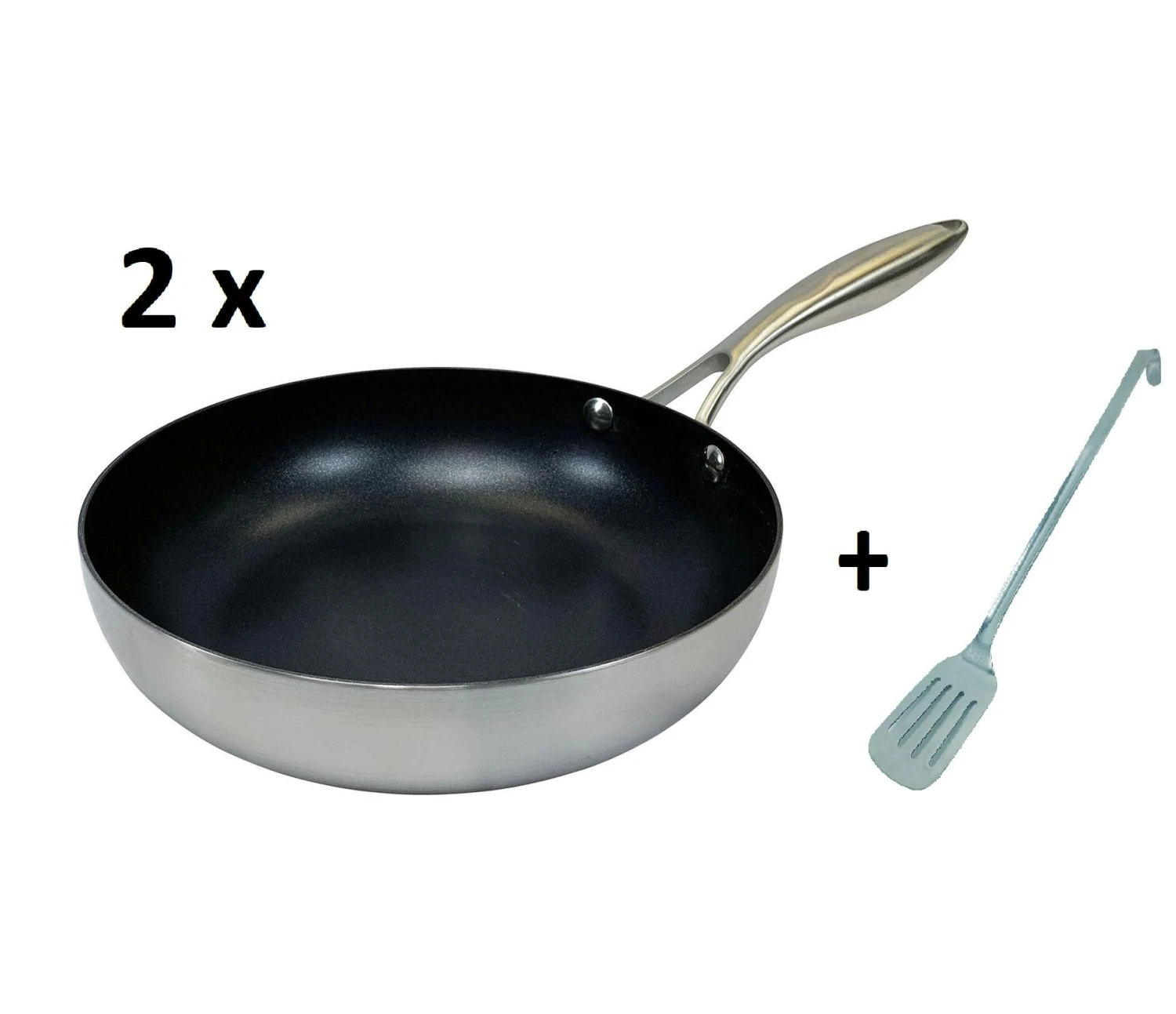 Edelstahl Pfannen Set Ø28cm Ø24 Cm + 33 Cm Pfannenwender 2 Edelstahl Pfannen Set Ø28cm Ø24 Cm + 33 Cm Pfannenwender – Bild 2