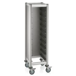 WAS Germany - Tablettwagen Trolley Mensa, Für 10 Tabletts, Silber, 51,5 X 47,5 X 165, MDF Holzoptik/Alu (1955450)