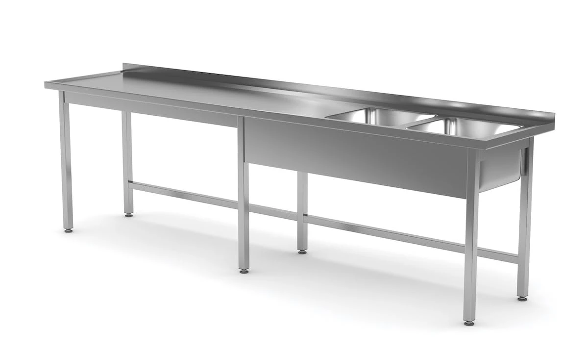 Edelstahl Gastro-Spültisch Mit 2 Spülbecken (rechts) & Doppelte Arbeitsfläche + Ablagefach | AISI 430 Qualität | HxBxT 85x230x70 2 Edelstahl Gastro-Spültisch Mit 2 Spülbecken (rechts) & Doppelte Arbeitsfläche + Ablagefach | AISI 430 Qualität | HxBxT 85x230x70 – Bild 2