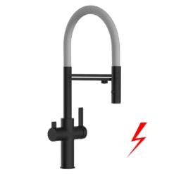 Niederdruck 3 Wege Wasserhahn Küchenarmatur Spültischmischer FC, Schwarz Matt, Mit 360° Schwenkbarem Grau Auslauf Und Abnehmbare 2 Strahl Handbrause