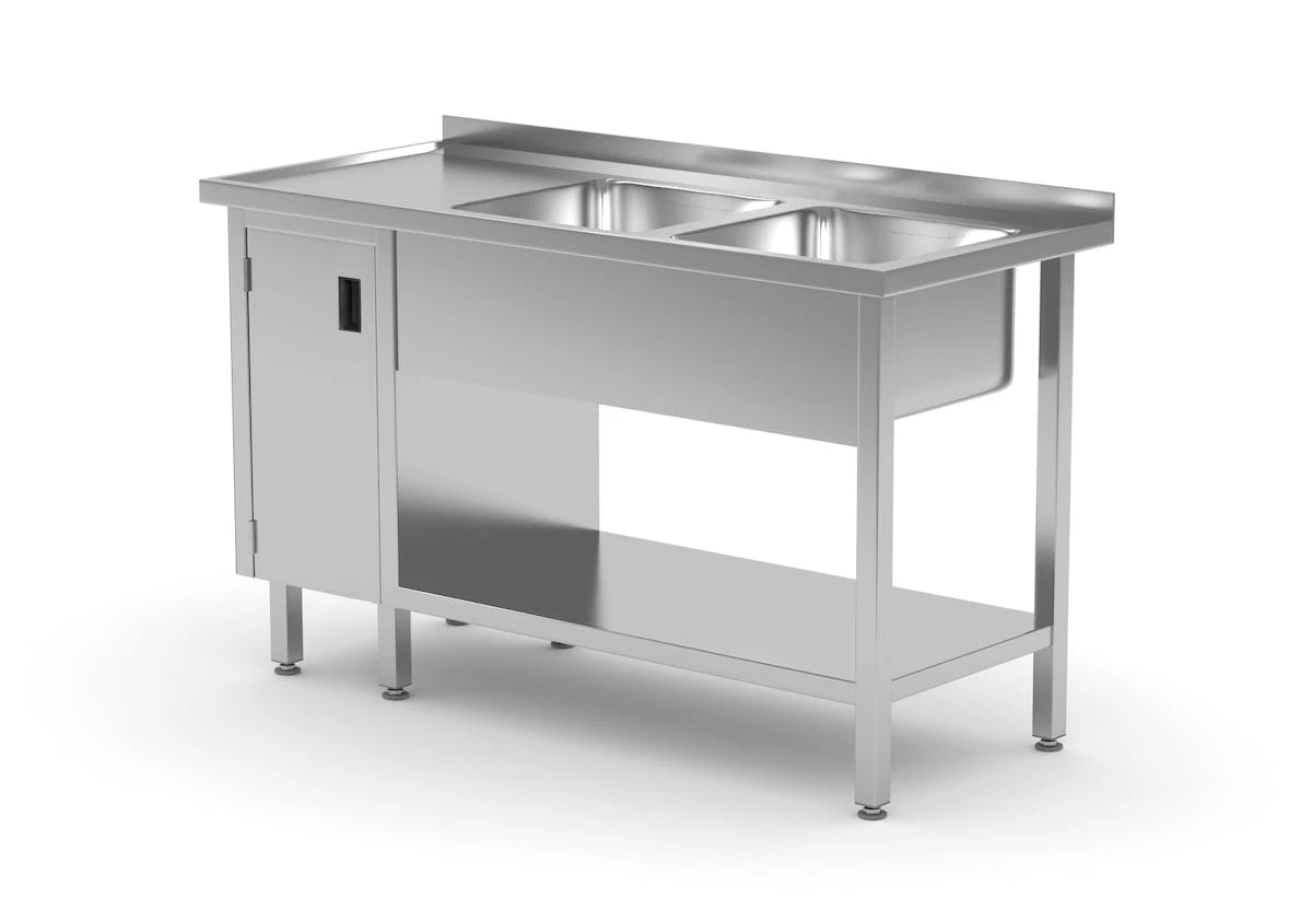 Edelstahl Gastro-Spültisch Mit 2 Spülbecken (rechts) & Scharniertüre | AISI 430 Qualität | HxBxT 85x190x60 7 Edelstahl Gastro-Spültisch Mit 2 Spülbecken (rechts) & Scharniertüre | AISI 430 Qualität | HxBxT 85x190x60 – Bild 7