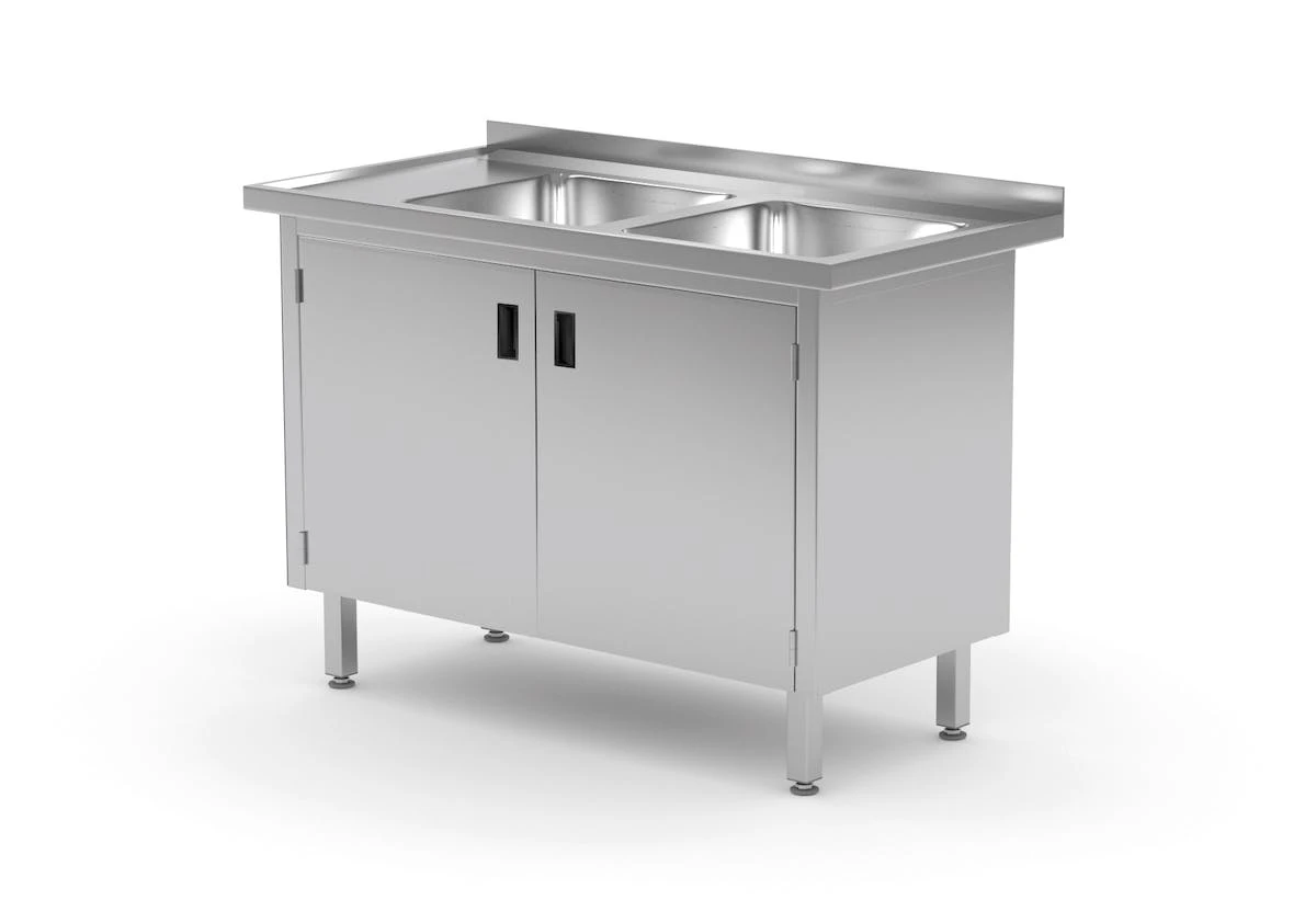 Edelstahl Gastro-Spültisch Mit 2 Spülbecken (rechts) & 2 Scharniertüren + Arbeitsfläche | AISI 430 Qualität | HxBxT 85x120x70 2 Edelstahl Gastro-Spültisch Mit 2 Spülbecken (rechts) & 2 Scharniertüren + Arbeitsfläche | AISI 430 Qualität | HxBxT 85x120x70 – Bild 2