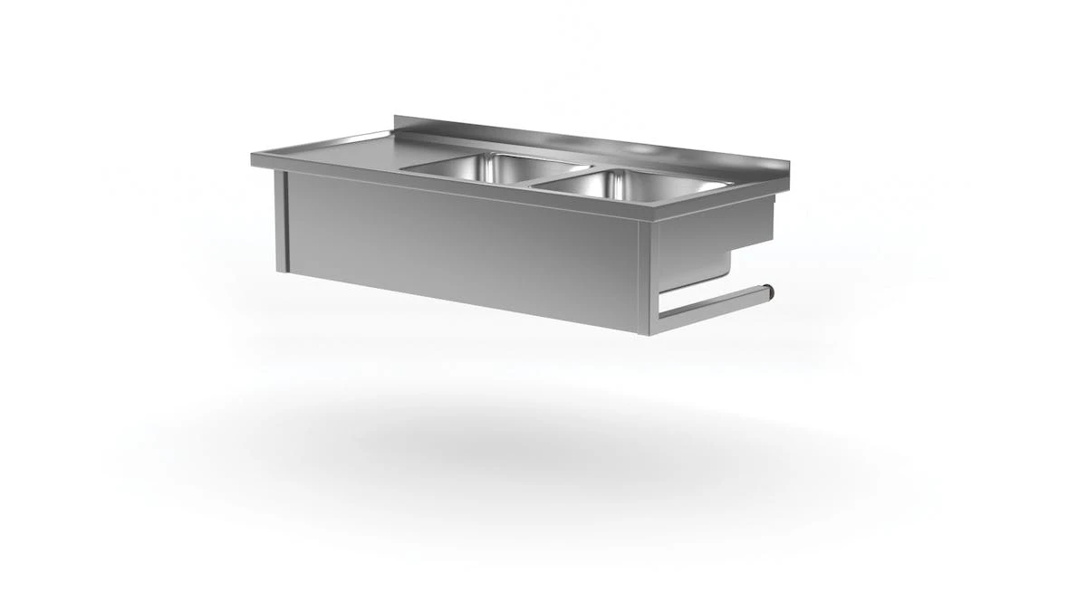 Edelstahl Gastro-Handwaschbecken Mit 2 Spülbecken (rechts) & Arbeitsfläche | AISI 430 Qualität | HxBxT 30x160x70 1 Edelstahl Gastro-Handwaschbecken Mit 2 Spülbecken (rechts) & Arbeitsfläche | AISI 430 Qualität | HxBxT 30x160x70