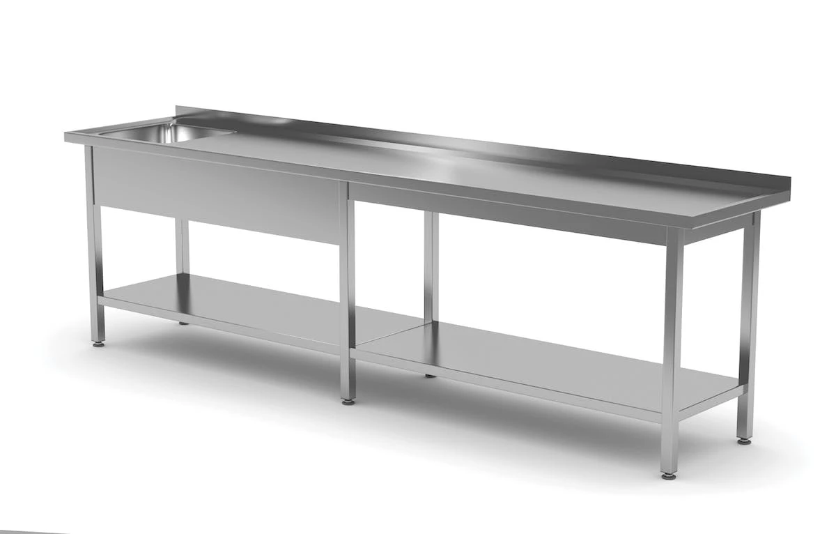 Edelstahl Gastro-Spültisch Lang Mit Arbeitsfläche & Ablagefach (Becken Rechts) | AISI 430 Qualität | HxBxT 85x240x70 3 Edelstahl Gastro-Spültisch Lang Mit Arbeitsfläche & Ablagefach (Becken Rechts) | AISI 430 Qualität | HxBxT 85x240x70 – Bild 3