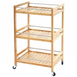 Servierwagen HWC-D91, Beistellwagen Küchenwagen Barwagen Küchenhelfer, Bambus 76x46x38cm