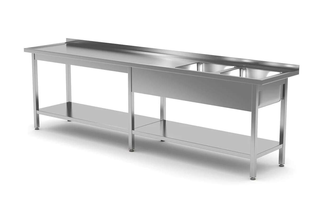 Edelstahl Gastro-Spültisch Mit 2 Spülbecken (links) & Doppelte Arbeitsfläche | AISI 430 Qualität | HxBxT 85x210x70 4 Edelstahl Gastro-Spültisch Mit 2 Spülbecken (links) & Doppelte Arbeitsfläche | AISI 430 Qualität | HxBxT 85x210x70 – Bild 4