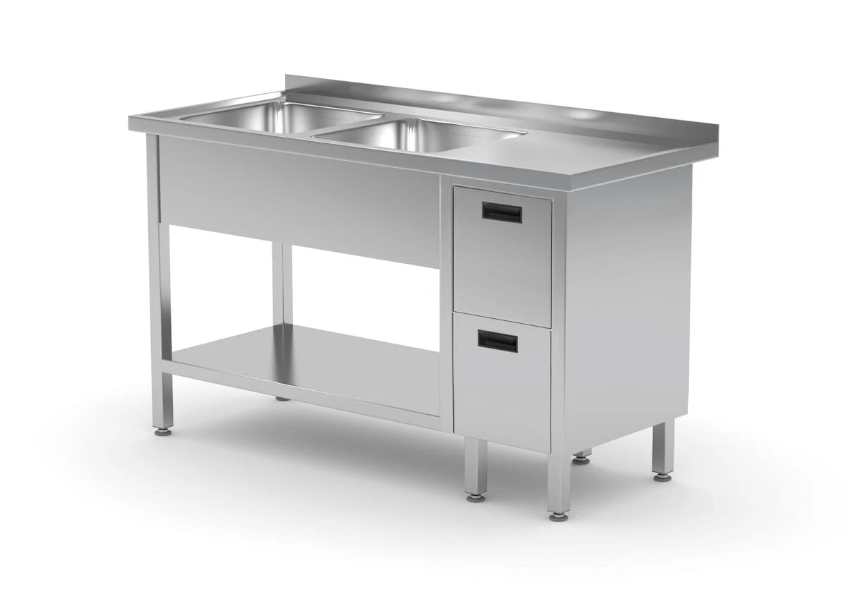 Edelstahl Gastro-Spültisch Mit 2 Spülbecken (links) & Scharniertüre | AISI 430 Qualität | HxBxT 85x190x70 4 Edelstahl Gastro-Spültisch Mit 2 Spülbecken (links) & Scharniertüre | AISI 430 Qualität | HxBxT 85x190x70 – Bild 4