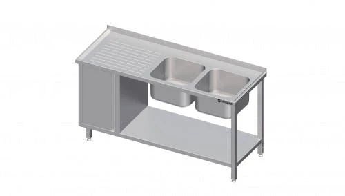 Spültisch Mit Grundboden, Und Flügeltürschrank, Mit Zwei Becken, Mit Aufkantung, Verschweißt : 1600x700x850 Mm Becken Links 1 Spültisch Mit Grundboden, Und Flügeltürschrank, Mit Zwei Becken, Mit Aufkantung, Verschweißt : 1600x700x850 Mm Becken Links