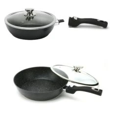 Cheffinger WOK Pfanne 30cm Induktion Aluguss Mit Deckel Antihaft Bratpfanne Abnehmbarer Griff Marmorbeschichtung Gastronomie Home Wokpfanne Schwarz