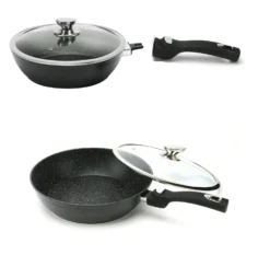 Cheffinger WOK Pfanne 30cm Induktion Aluguss Mit Deckel Antihaft Bratpfanne Abnehmbarer Griff Marmorbeschichtung Gastronomie Home Wokpfanne Schwarz