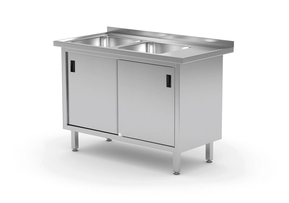 Edelstahl Gastro-Spültisch Mit 2 Spülbecken (links) & Scharniertüre | AISI 430 Qualität | HxBxT 85x190x70 6 Edelstahl Gastro-Spültisch Mit 2 Spülbecken (links) & Scharniertüre | AISI 430 Qualität | HxBxT 85x190x70 – Bild 6