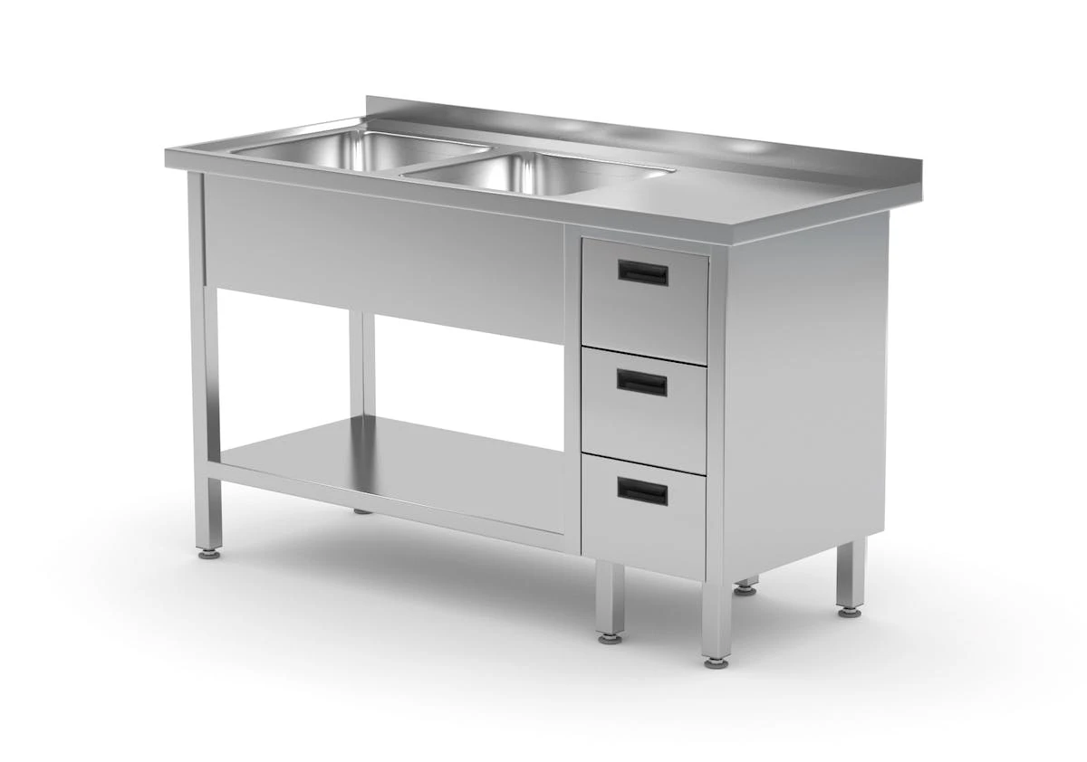 Edelstahl Gastro-Spültisch Mit 2 Spülbecken (rechts) & 3 Schubladen | AISI 430 Qualität | HxBxT 85x140x60 3 Edelstahl Gastro-Spültisch Mit 2 Spülbecken (rechts) & 3 Schubladen | AISI 430 Qualität | HxBxT 85x140x60 – Bild 3