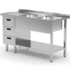 Edelstahl Gastro-Spültisch Mit 2 Spülbecken (rechts) & 3 Schubladen | AISI 430 Qualität | HxBxT 85x140x60