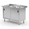 Edelstahl Gastro-Spültisch Mit 2 Spülbecken (rechts) & 2 Schiebetüren + Arbeitsfläche + Arbeitsfläche | AISI 430 Qualität | HxBxT 85x130x60