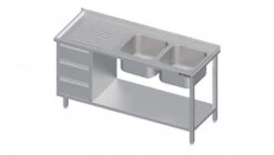 Spültisch Mit Grundboden, Und 3er Schubladenblock, Mit Zwei Becken, Mit Aufkantung, Verschweißt : 1500x600x850 Mm Becken Rechts
