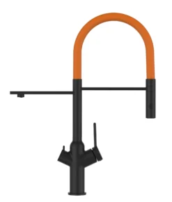 3 Wege Wasserhahn Küchenarmatur Spültischmischer BOD, Schwarz Matt, Mit 360° Schwenkbarem Orange Auslauf Und Abnehmbare 2 Strahl Handbrause