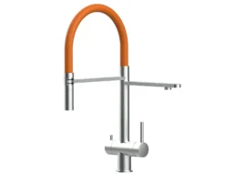 3 Wege Wasserhahn Küchenarmatur Spültischmischer, Edelstahl Massiv, 360° Schwenkbarem Orange Auslauf, Abnehmbare 2 Strahl Handbrause, Gebürstet